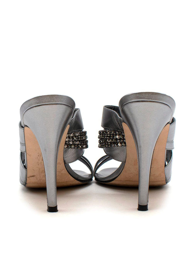 Crystal Embellished Silver Mules