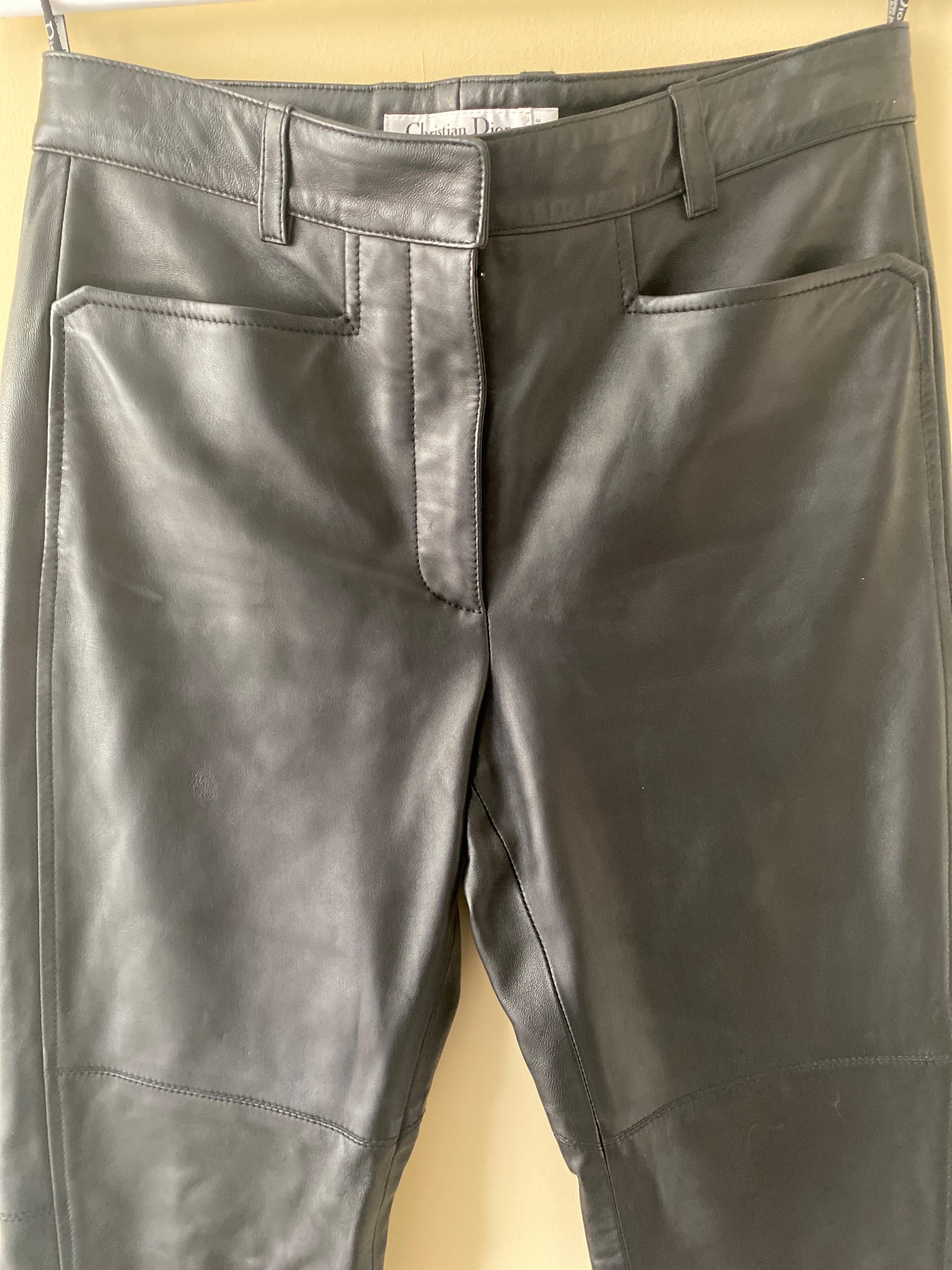 Dior Black Leather Straight Leg Biker Trousers