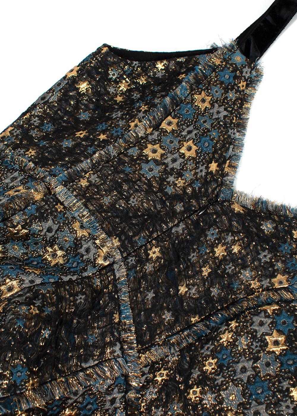 Erdem Teal and Gold Star Patterned Jacquard Dress