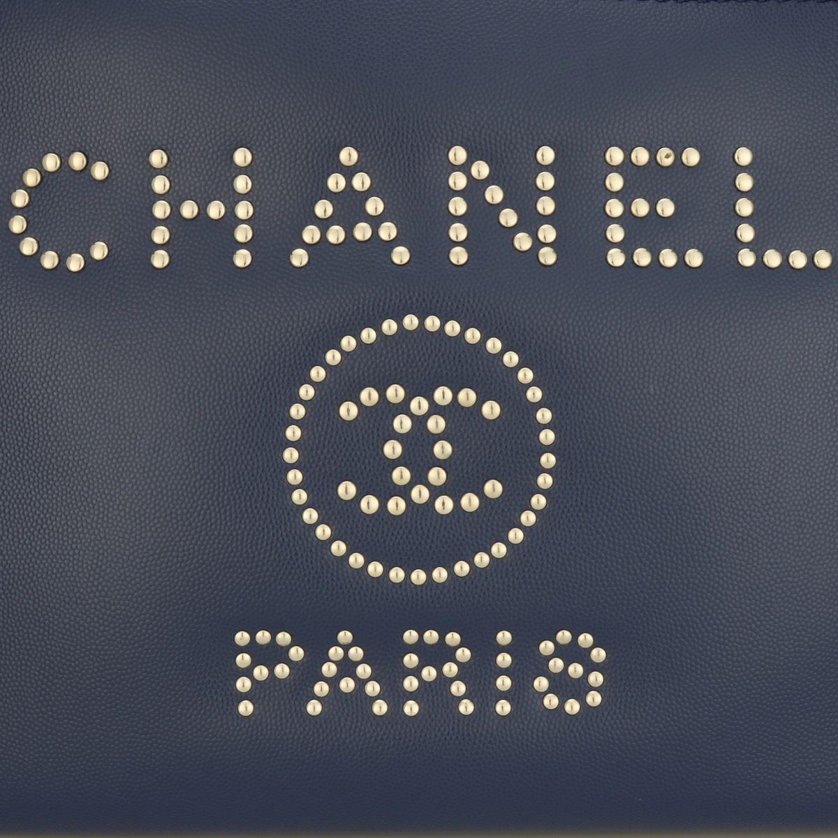 Studded Navy Blue Caviar Deauville Tote Small