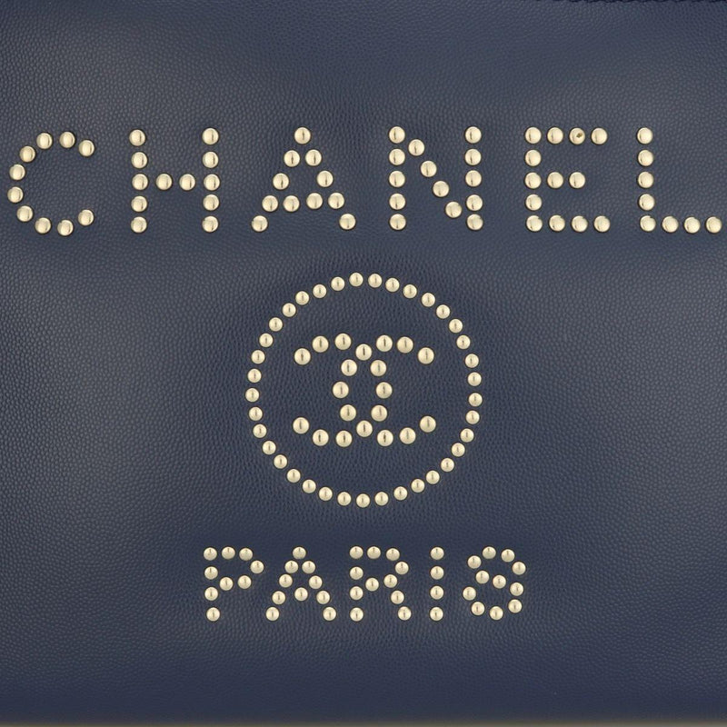 Studded Navy Blue Caviar Deauville Tote Small