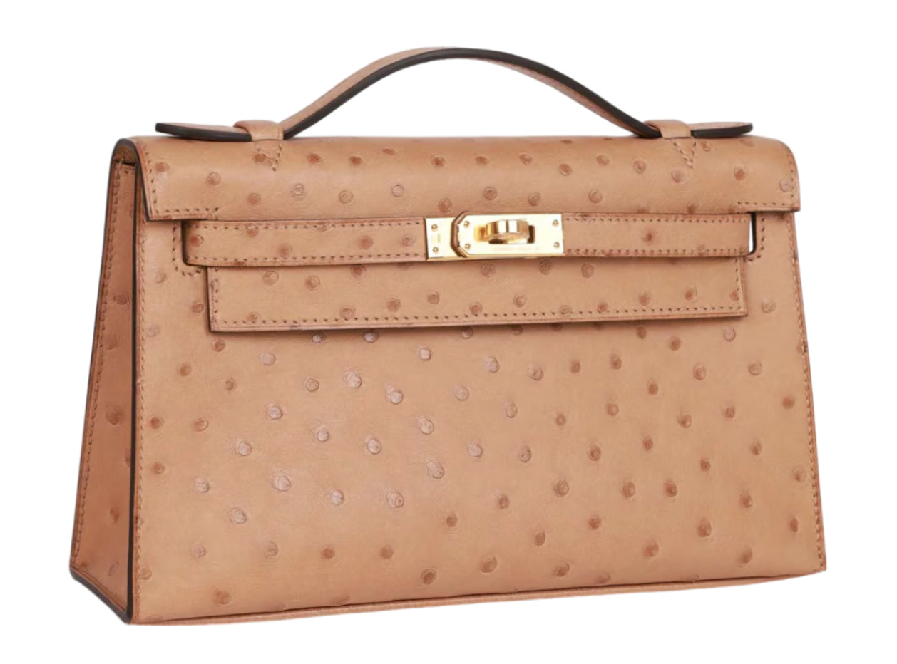 22cms Mini Pochette  Autruche Chai Gold Hardware