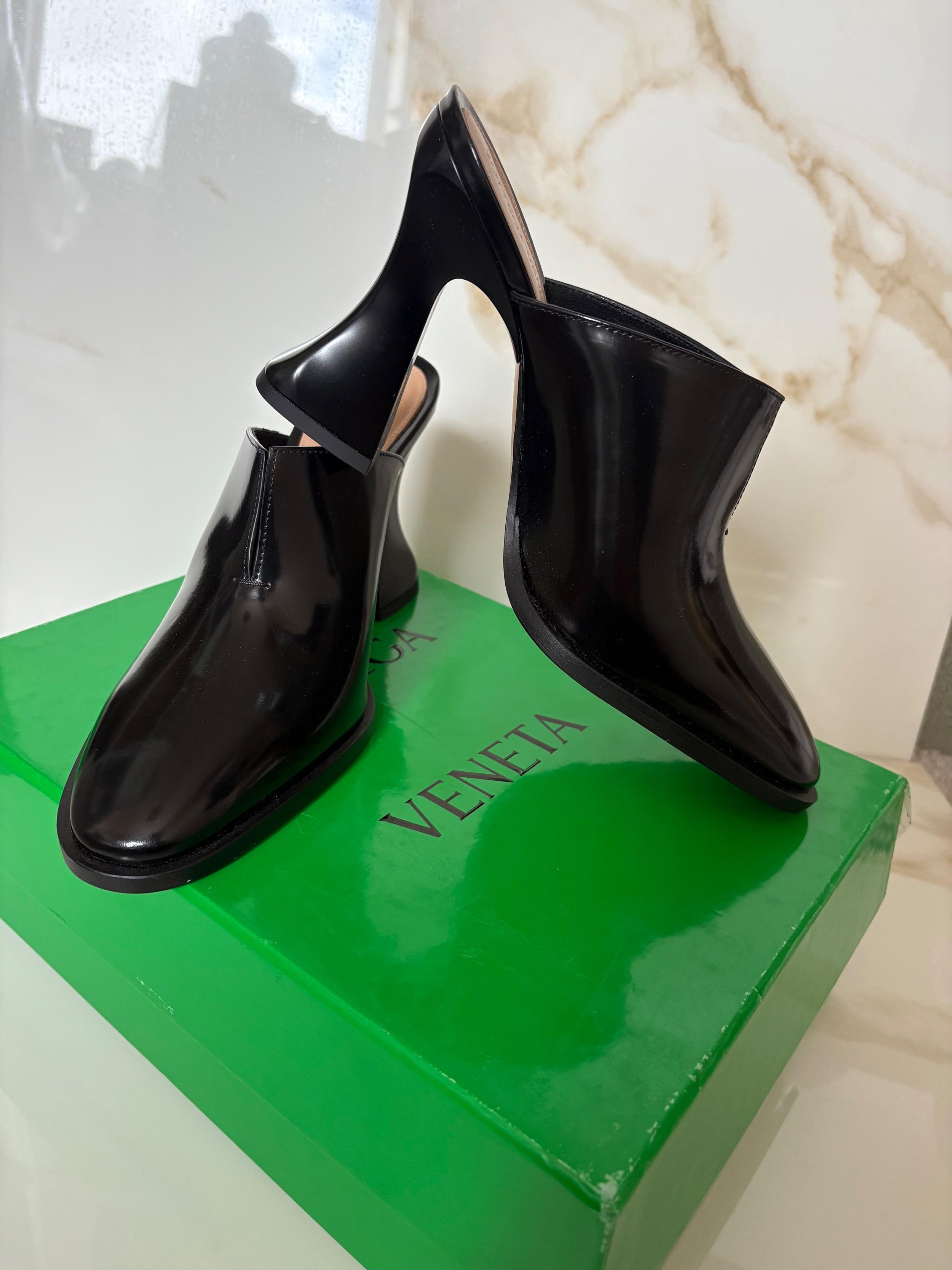 Bottega Veneta Black Patent Leather Cha Cha Mules