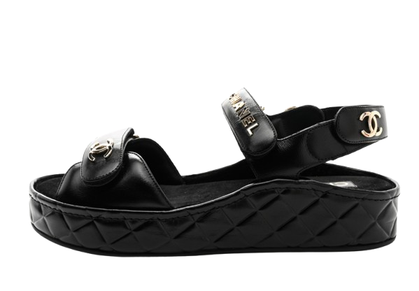 Chanel Black Leather Wedge Sandals