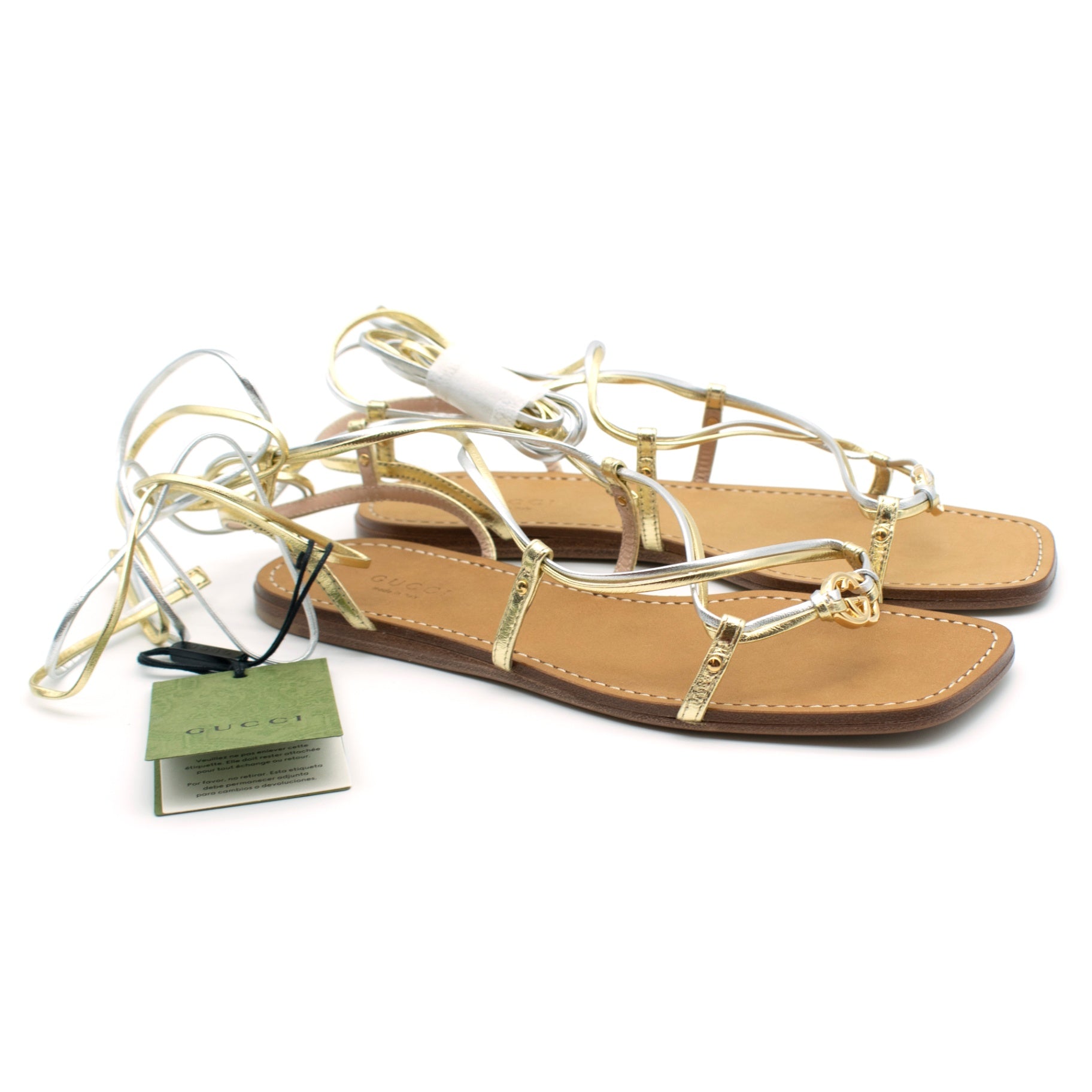 Gucci Metallic Nappa Silk Lace Up Gladiator Flat Sandals