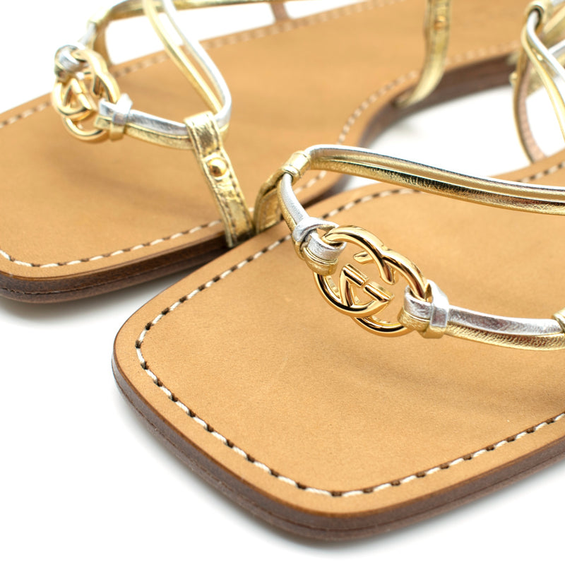 Gucci Metallic Nappa Silk Lace Up Gladiator Flat Sandals