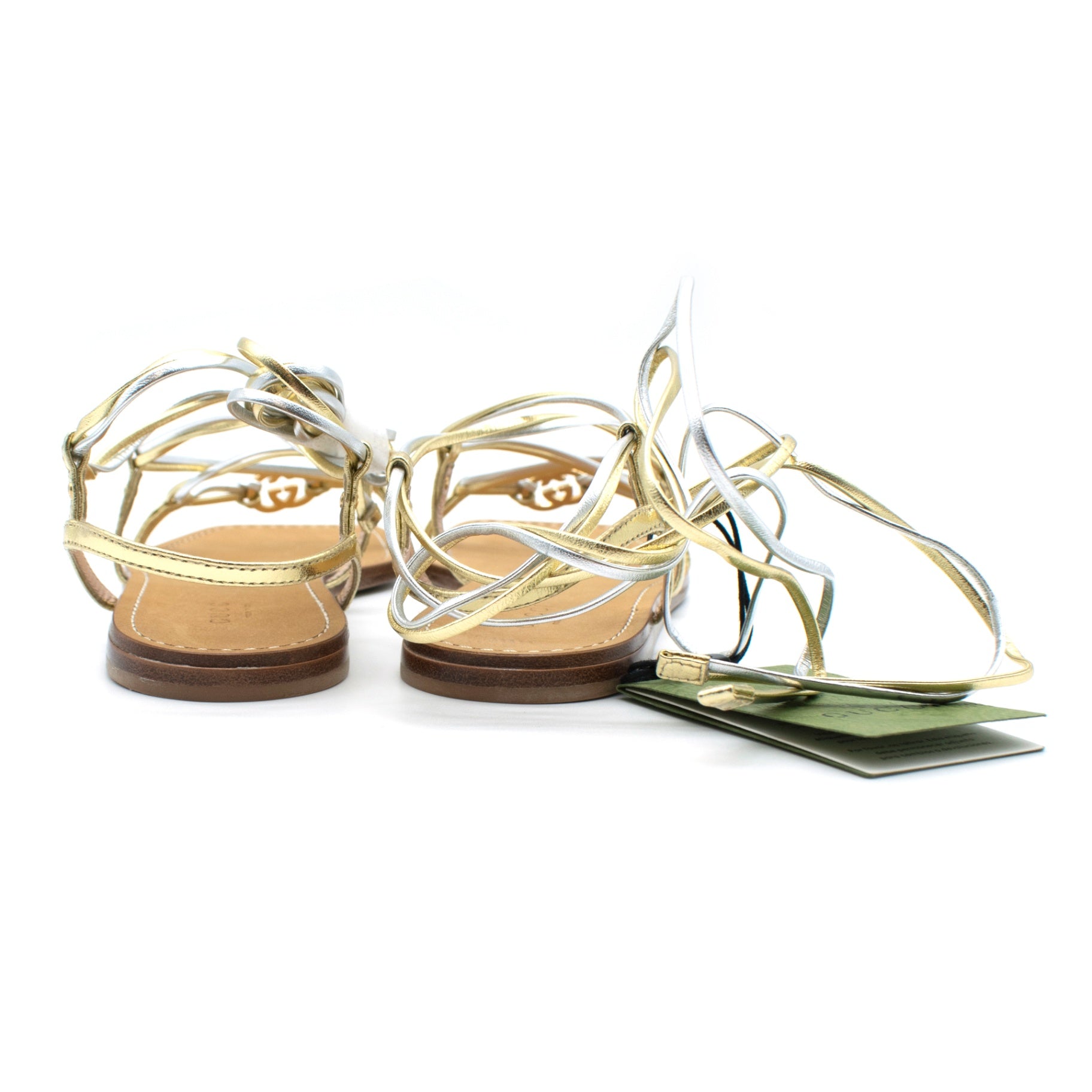 Gucci Metallic Nappa Silk Lace Up Gladiator Flat Sandals