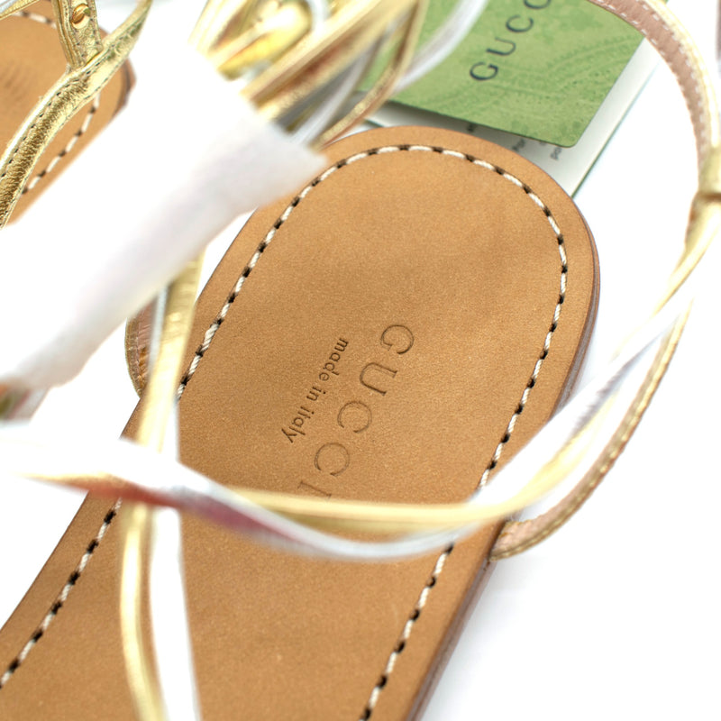 Gucci Metallic Nappa Silk Lace Up Gladiator Flat Sandals