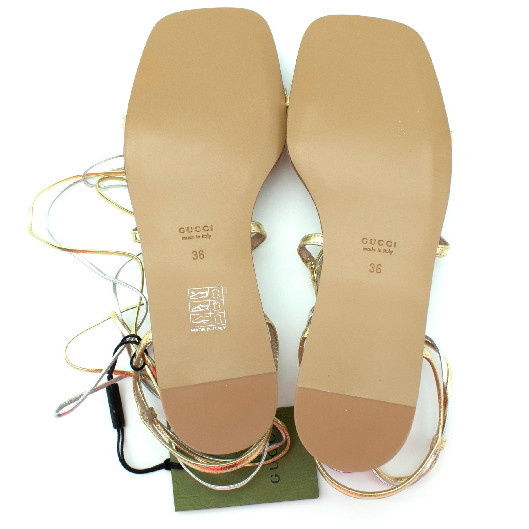 Gucci Metallic Nappa Silk Lace Up Gladiator Flat Sandals