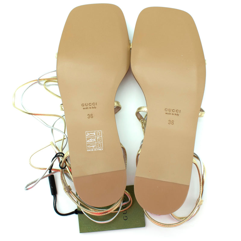 Gucci Metallic Nappa Silk Lace Up Gladiator Flat Sandals