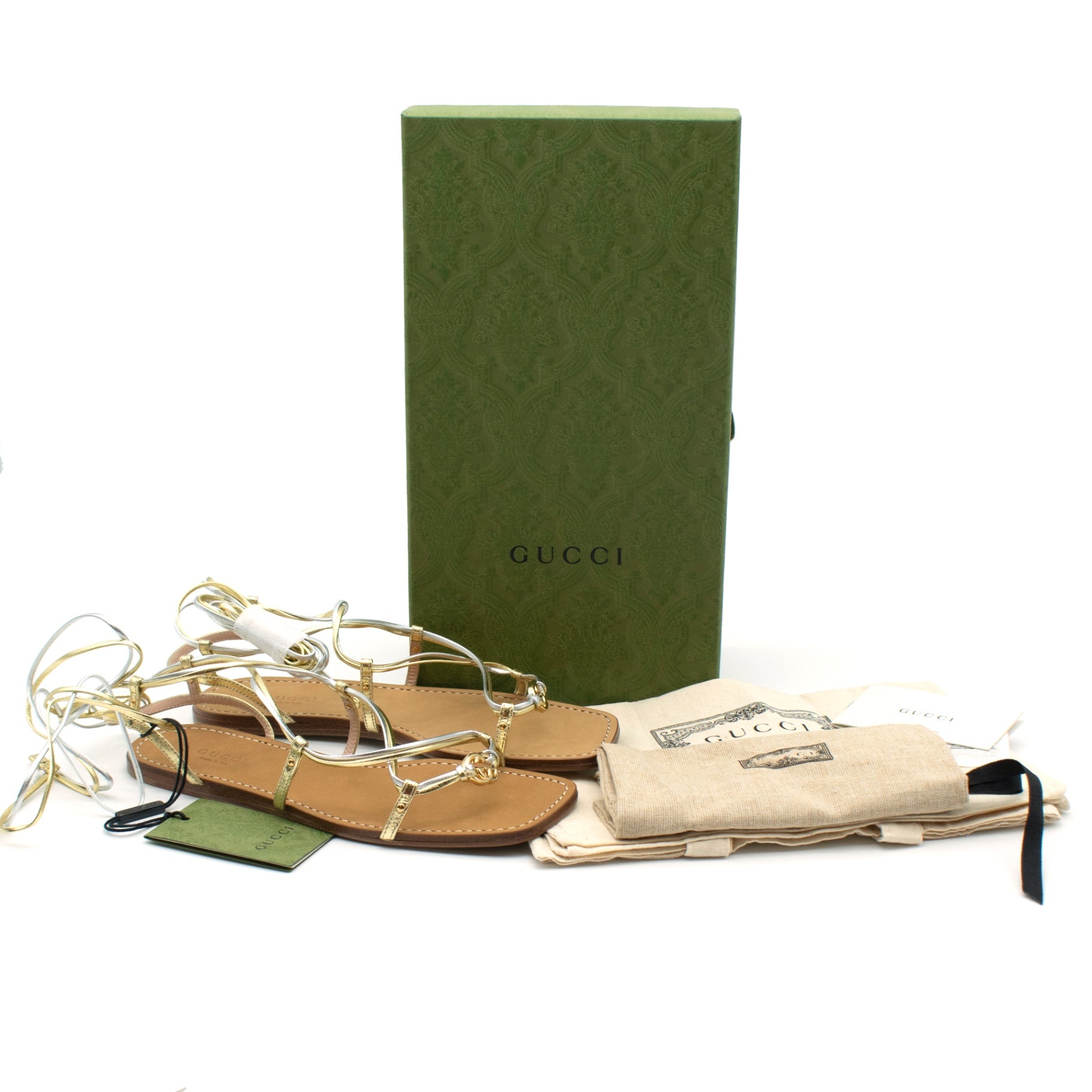 Gucci Metallic Nappa Silk Lace Up Gladiator Flat Sandals