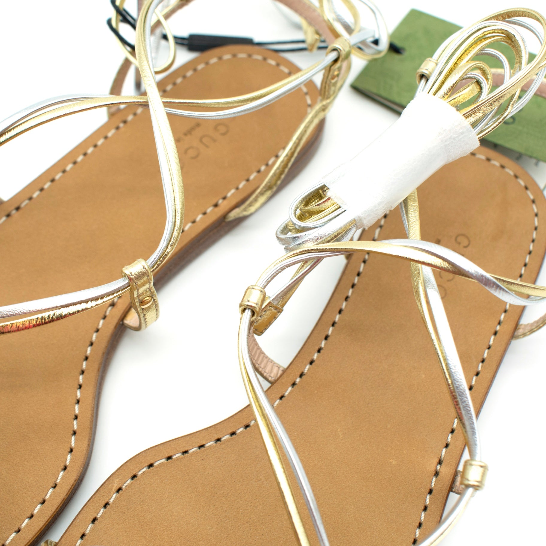 Gucci Metallic Nappa Silk Lace Up Gladiator Flat Sandals
