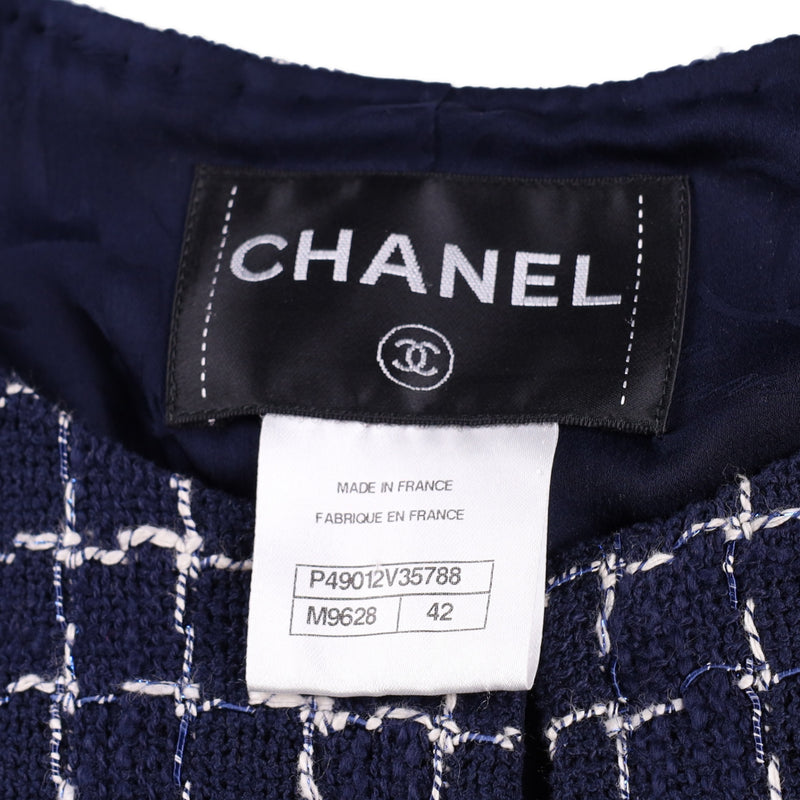 Chanel Navy Blue and White Windowpane Cotton Tweed Jacket