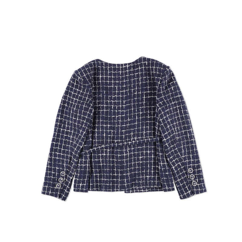Chanel Navy Blue and White Windowpane Cotton Tweed Jacket