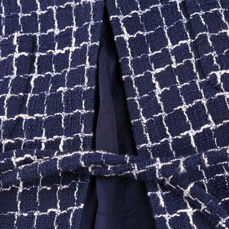 Chanel Navy Blue and White Windowpane Cotton Tweed Jacket