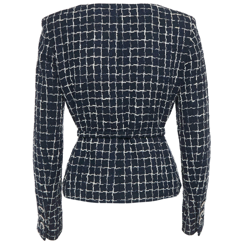 Chanel Navy Blue and White Windowpane Cotton Tweed Jacket