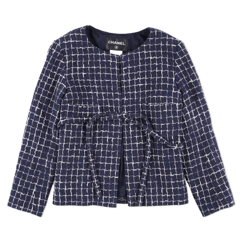 Chanel Navy Blue and White Windowpane Cotton Tweed Jacket