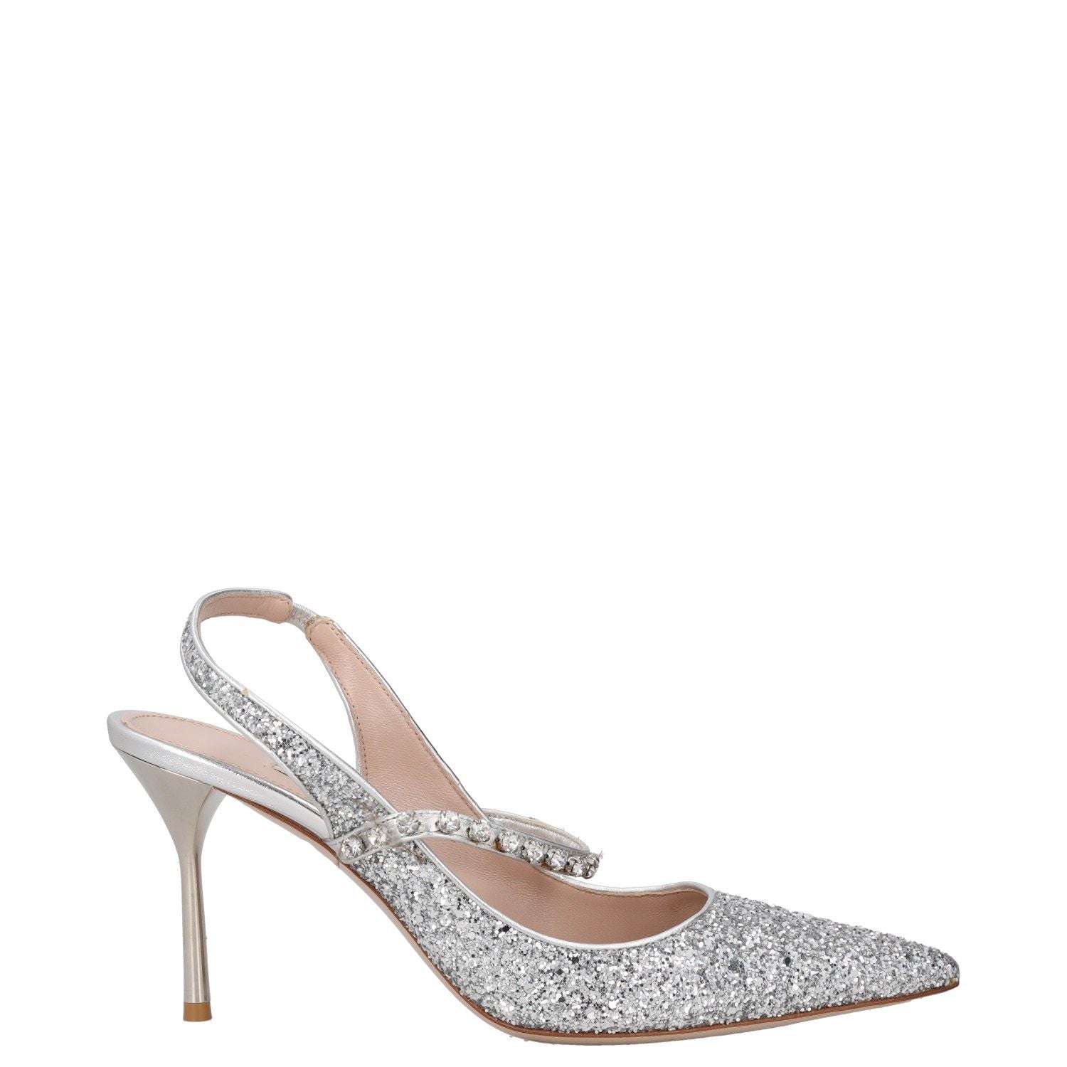Miu Miu Silver Glitter Pointed-Toe Slingback Pumps