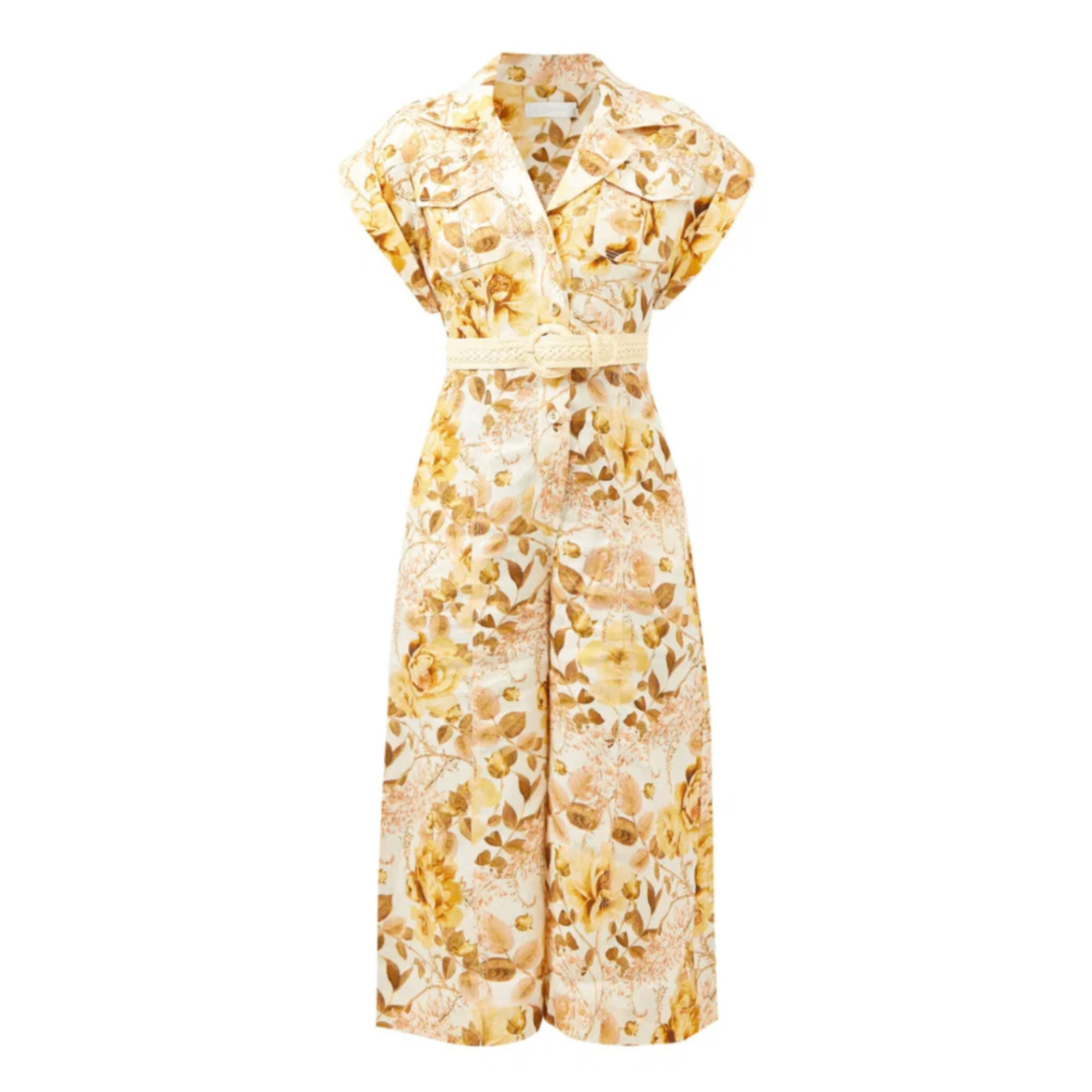 Zimmermann Rosa Belted Floral-Print Linen Jumpsuit