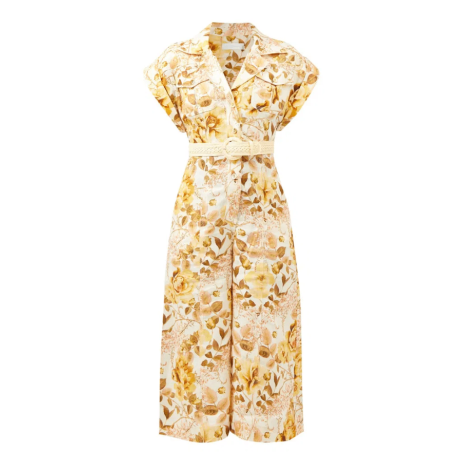 Zimmermann Rosa Belted Floral-Print Linen Jumpsuit