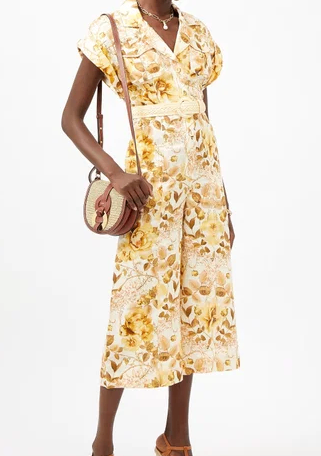 Zimmermann Rosa Belted Floral-Print Linen Jumpsuit