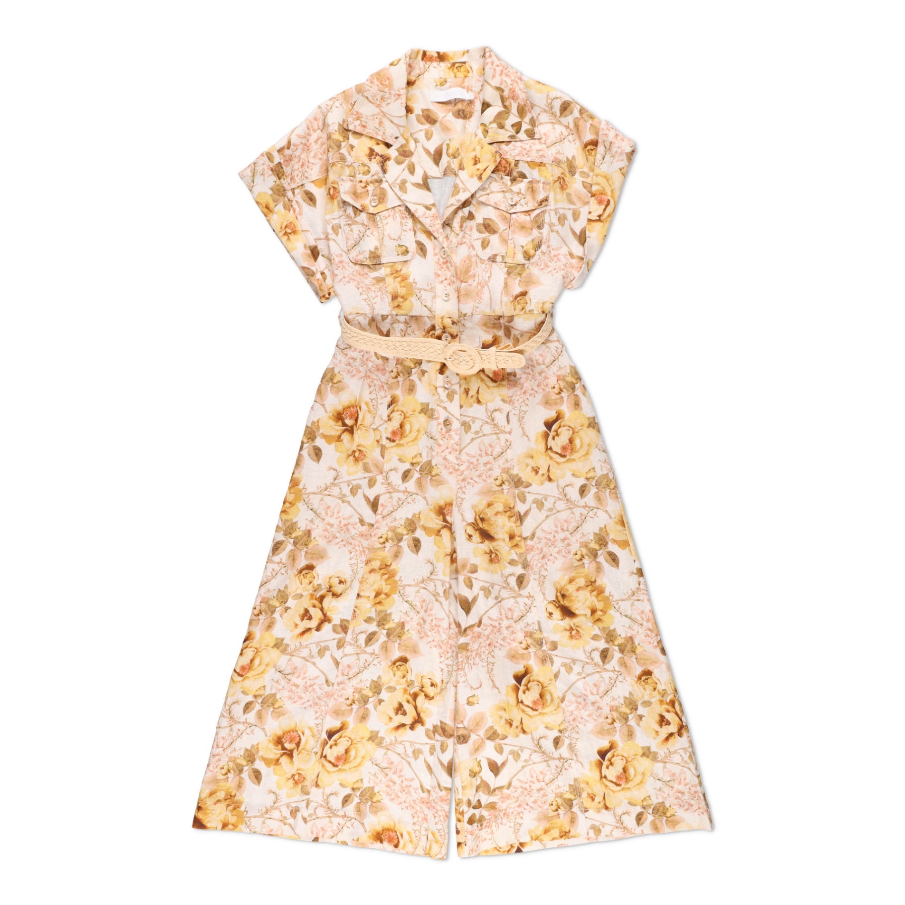 Zimmermann Rosa Belted Floral-Print Linen Jumpsuit