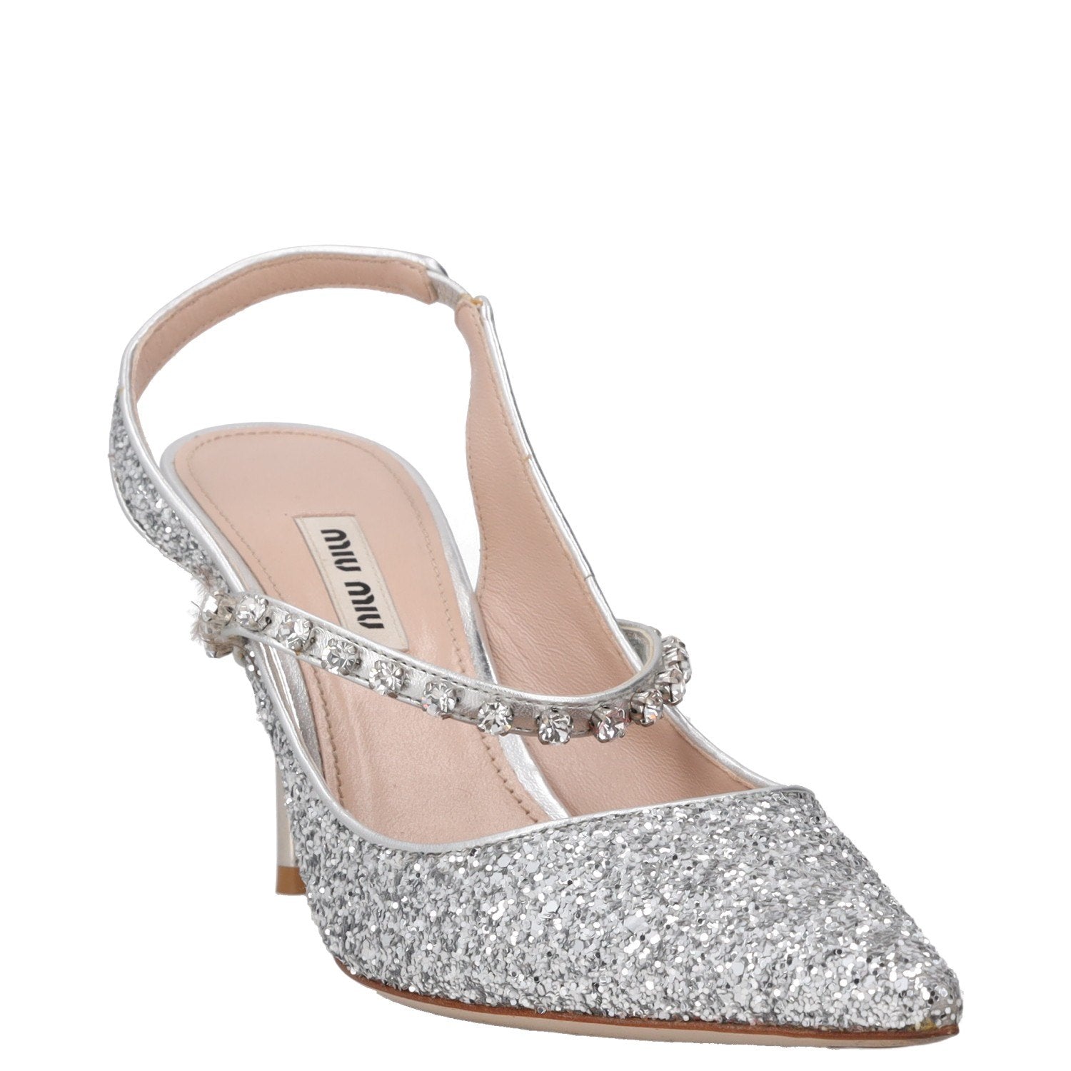 Miu Miu Silver Glitter Pointed-Toe Slingback Pumps