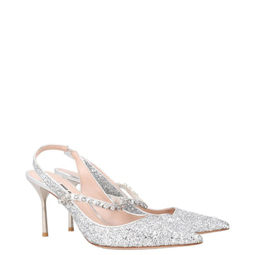 Miu Miu Silver Glitter Pointed-Toe Slingback Pumps