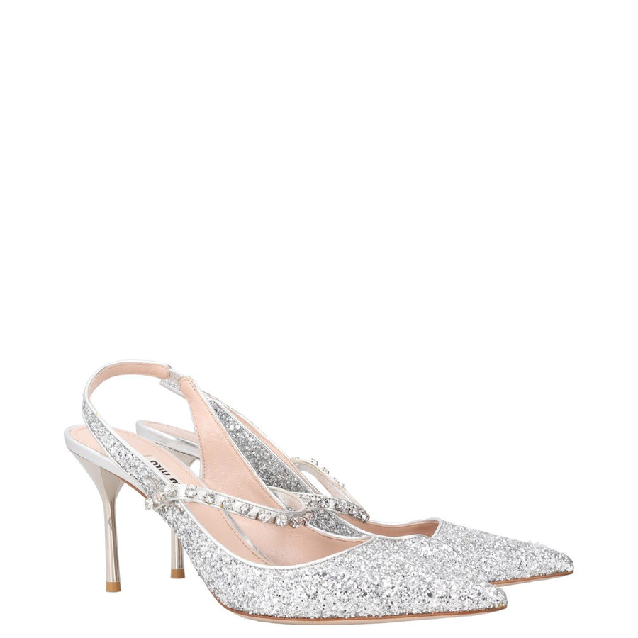 Miu Miu Silver Glitter Pointed-Toe Slingback Pumps