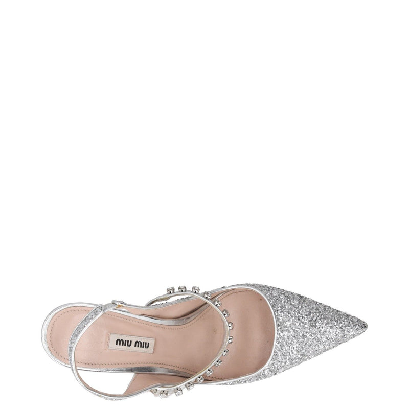 Miu Miu Silver Glitter Pointed-Toe Slingback Pumps