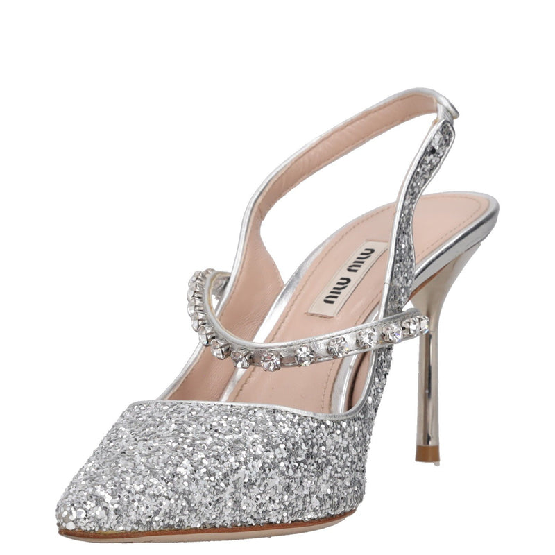 Miu Miu Silver Glitter Pointed-Toe Slingback Pumps