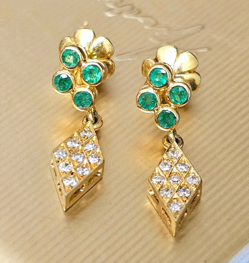 Diamond & Emerald drop earrings 14ct gold