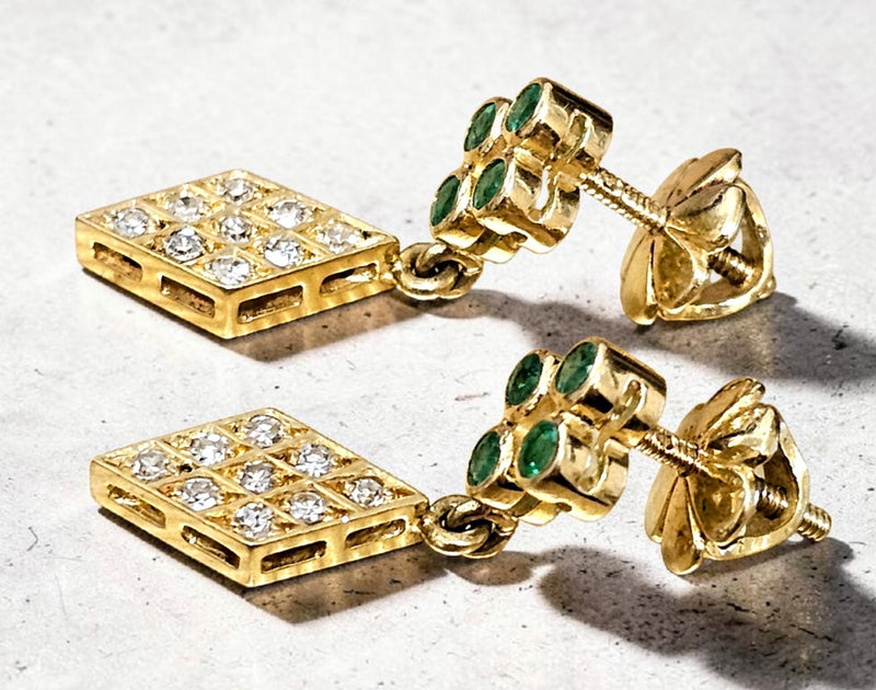 Diamond & Emerald drop earrings 14ct gold