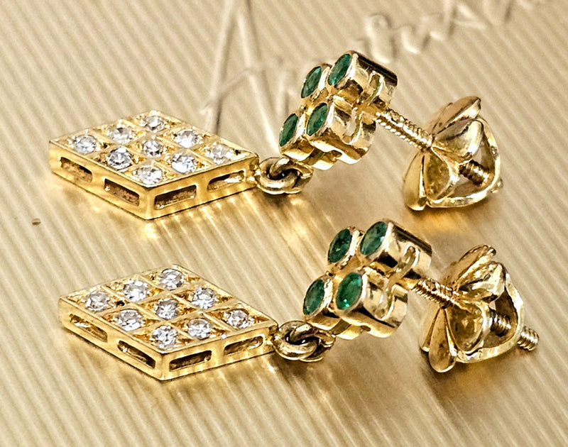 Diamond & Emerald drop earrings 14ct gold