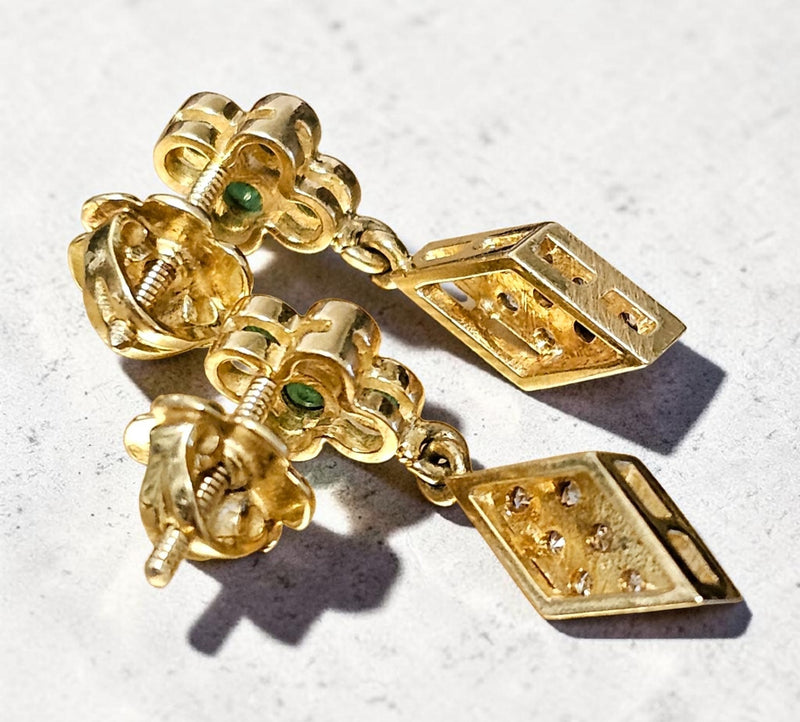 Diamond & Emerald drop earrings 14ct gold