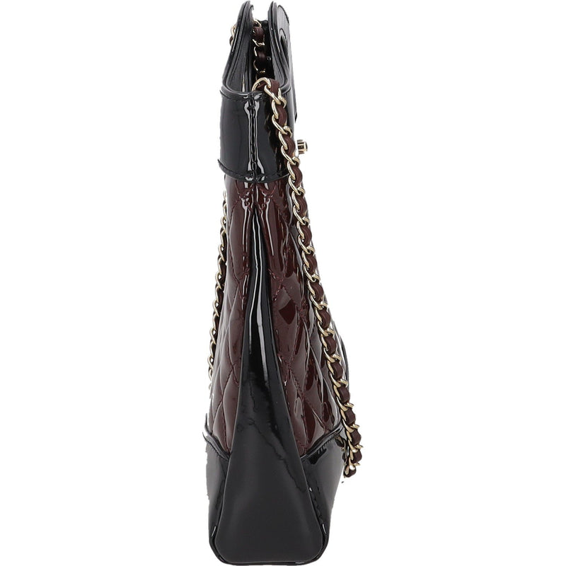 Chanel Burgundy and Black Patent Leather with Quilted Pattern Shoulder Bags
