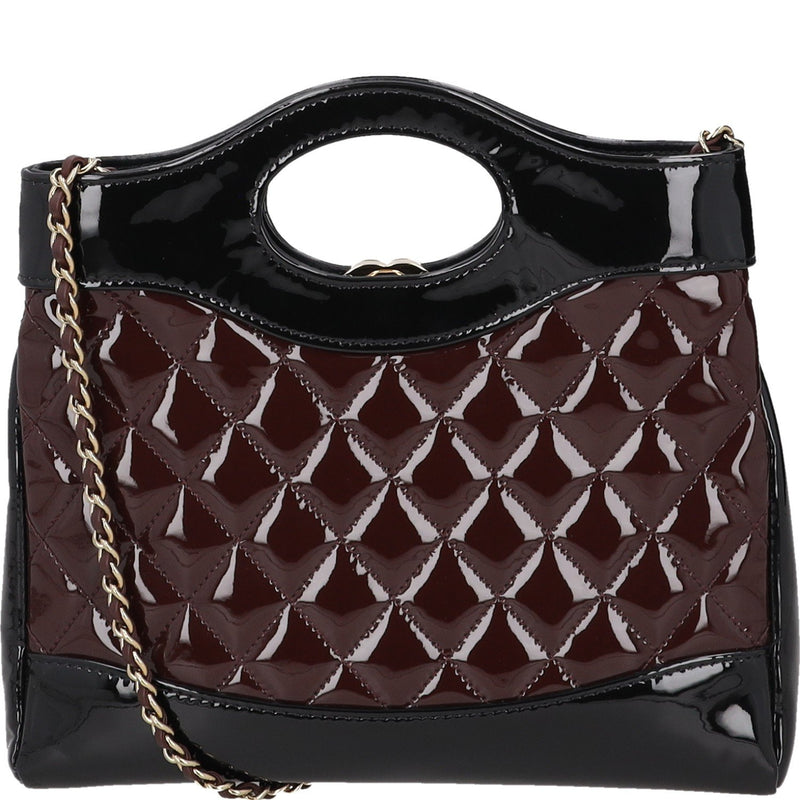 Chanel Burgundy and Black Patent Leather with Quilted Pattern Shoulder Bags