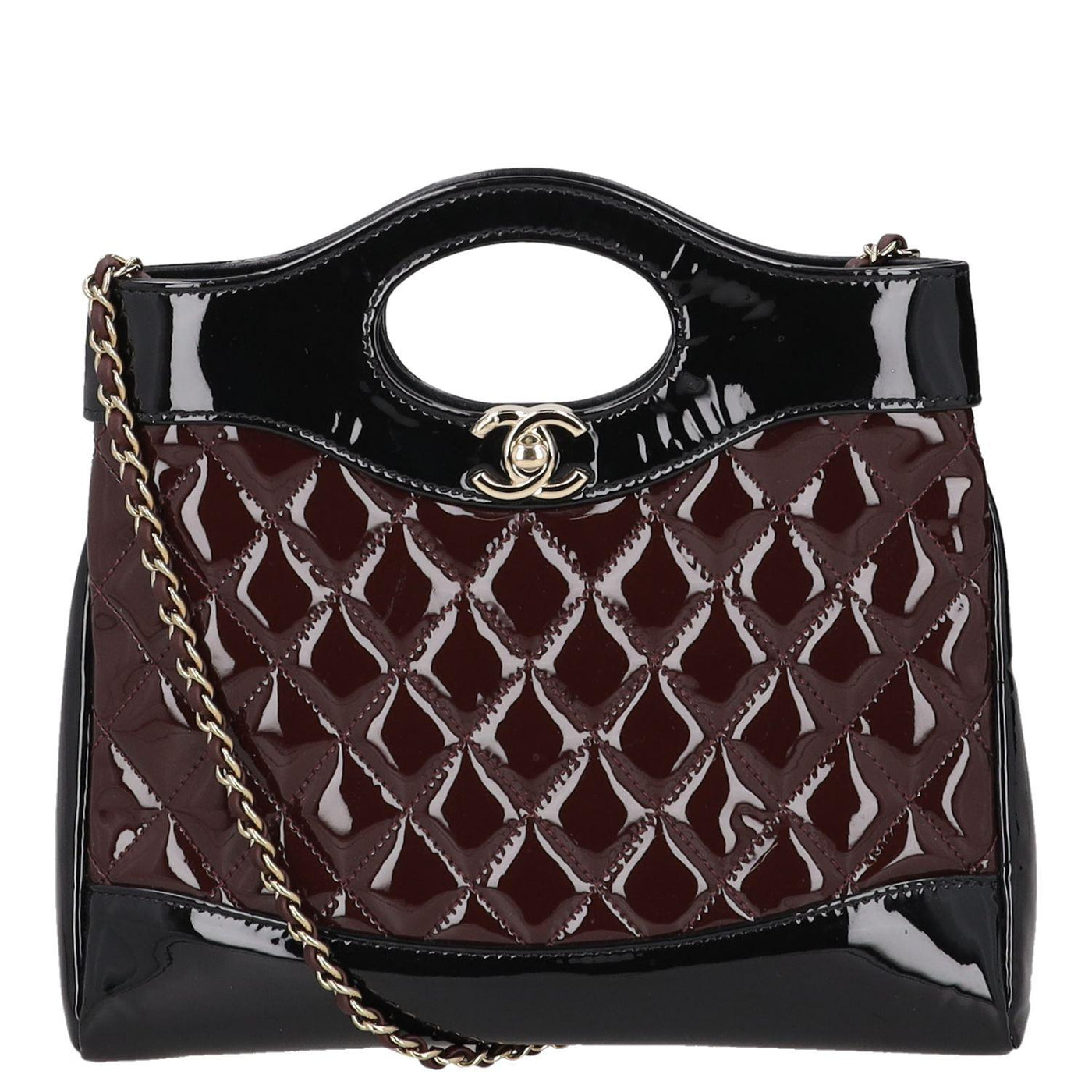 Chanel Burgundy and Black Patent Leather with Quilted Pattern Shoulder Bags