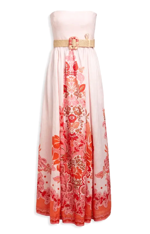 Zimmermann Strapless Belted Printed Linen Maxi Dress