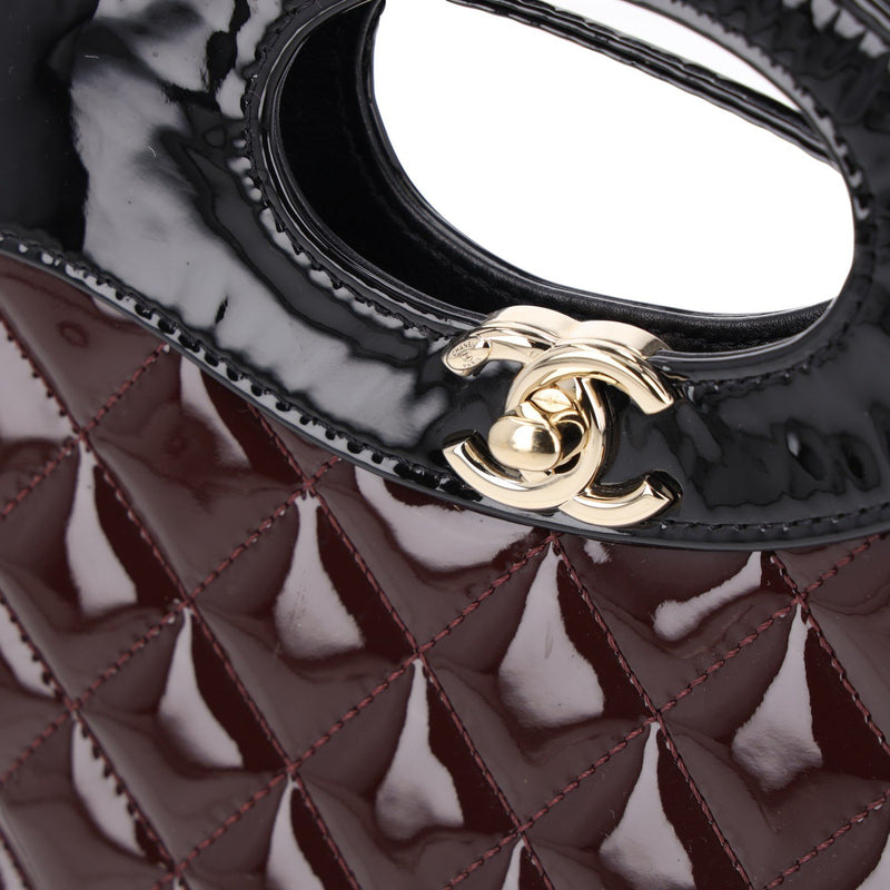 Chanel Burgundy and Black Patent Leather with Quilted Pattern Shoulder Bags