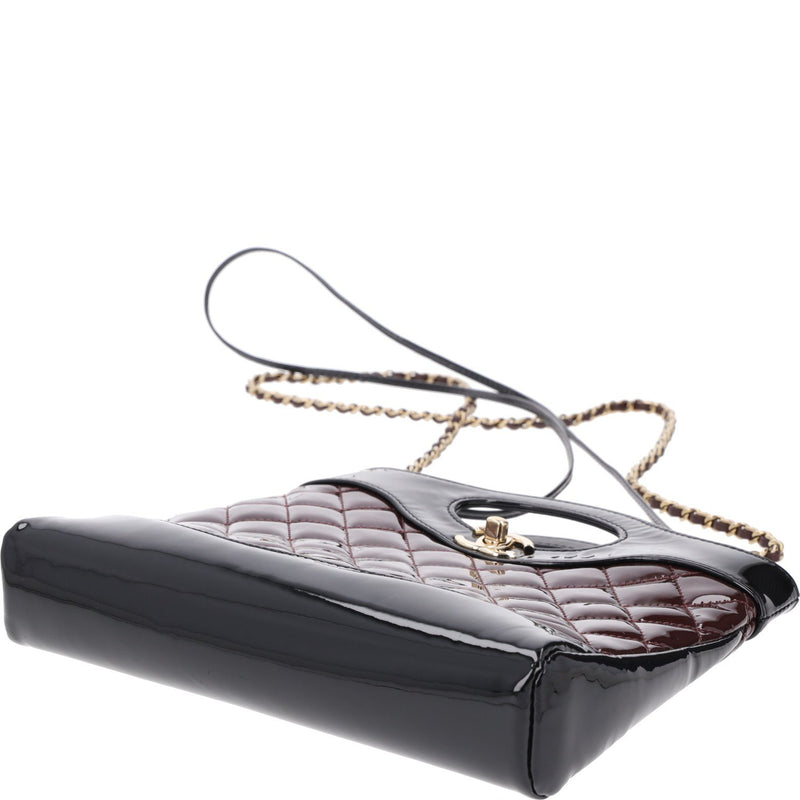 Chanel Burgundy and Black Patent Leather with Quilted Pattern Shoulder Bags