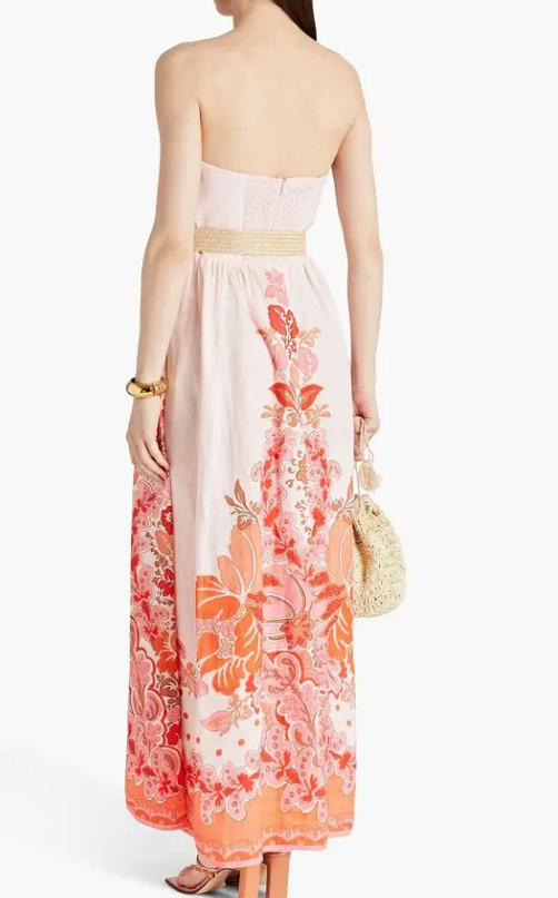 Zimmermann Strapless Belted Printed Linen Maxi Dress
