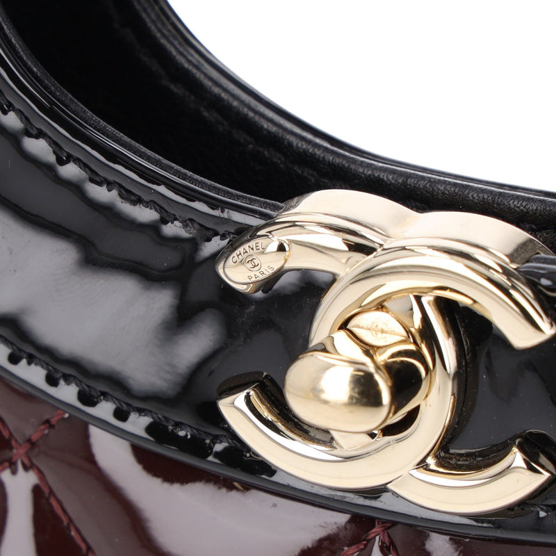 Chanel Burgundy and Black Patent Leather with Quilted Pattern Shoulder Bags