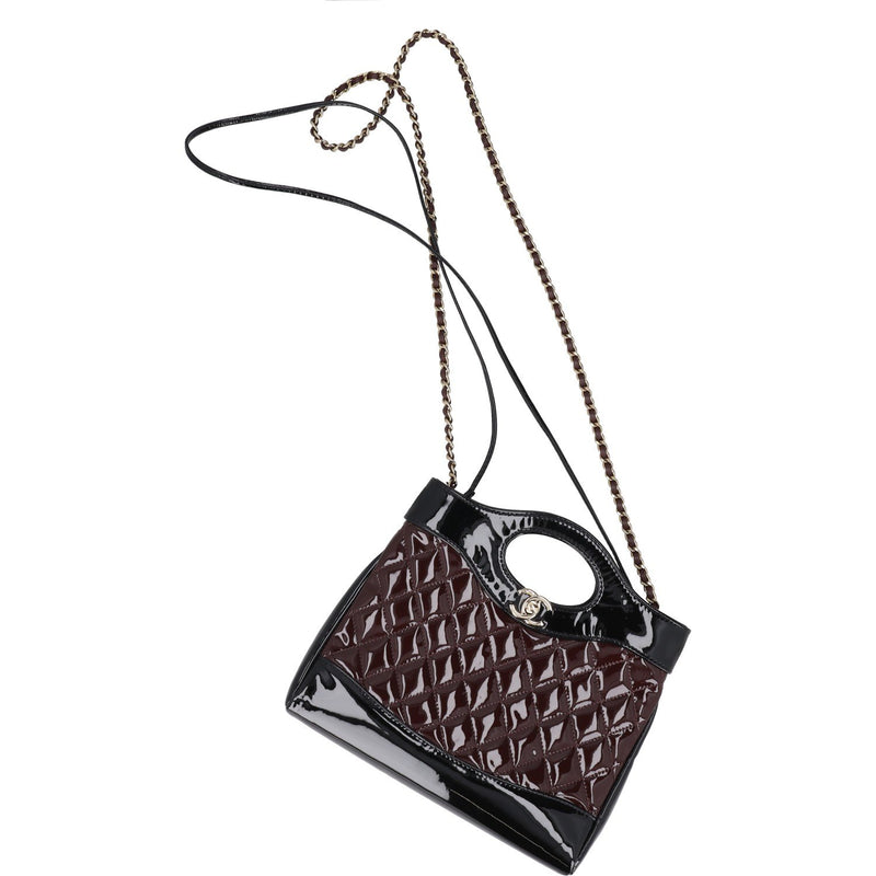 Chanel Burgundy and Black Patent Leather with Quilted Pattern Shoulder Bags