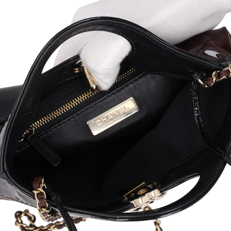 Chanel Burgundy and Black Patent Leather with Quilted Pattern Shoulder Bags