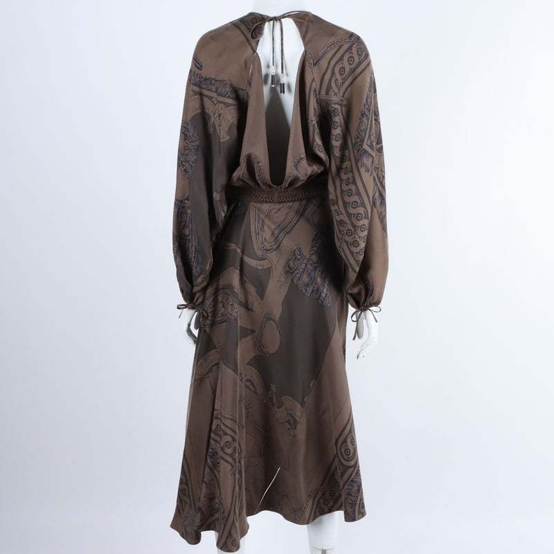 Hermès Printed Brown Silk Midi Dress