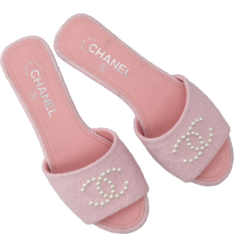 Chanel Pink Tweed Pearl CC Mules