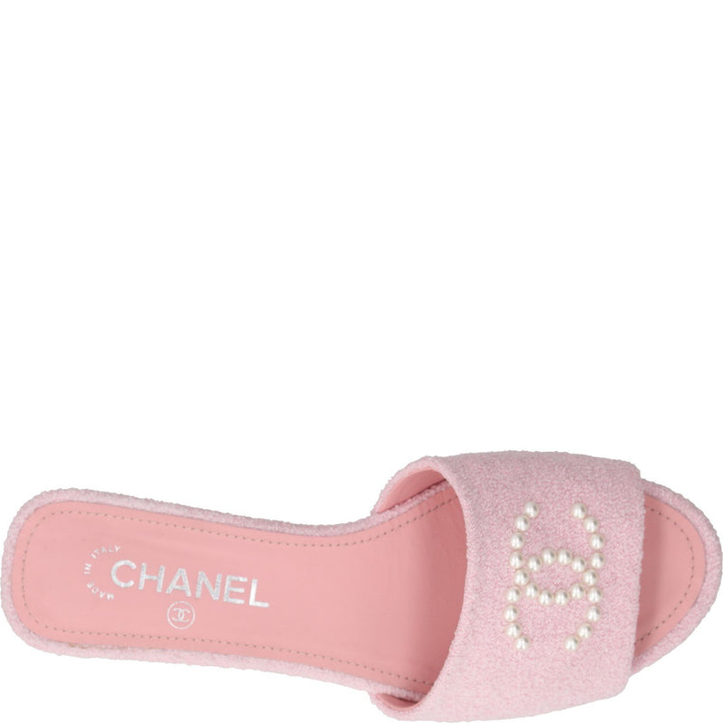 Chanel Pink Tweed Pearl CC Mules