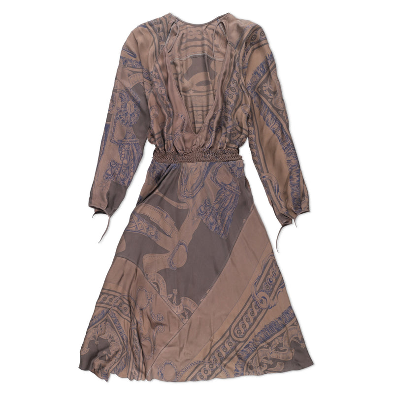 Hermès Printed Brown Silk Midi Dress