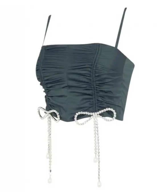 AREA Crystal Bow Ruched Crop Top